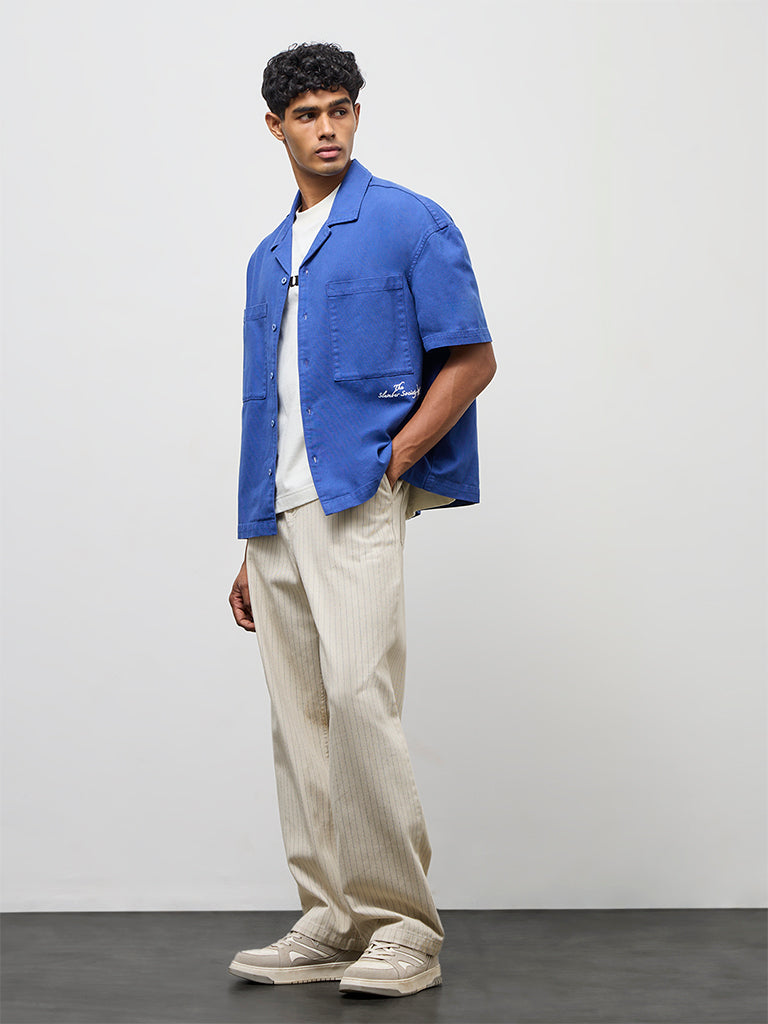Nuon Blue Text-Detail Boxy-Fit Cotton Shirt