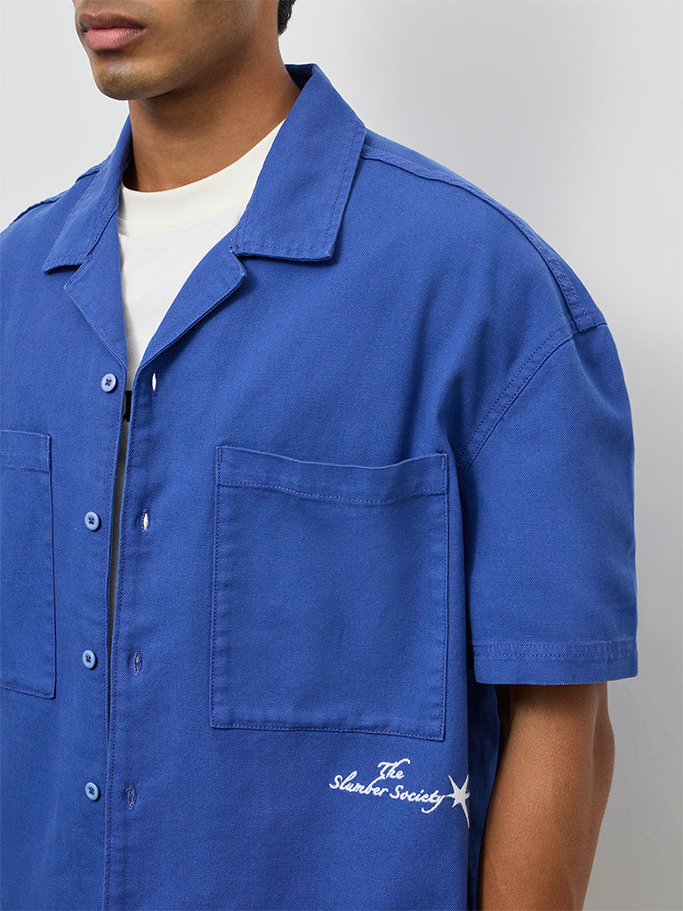 Nuon Blue Text-Detail Boxy-Fit Cotton Shirt
