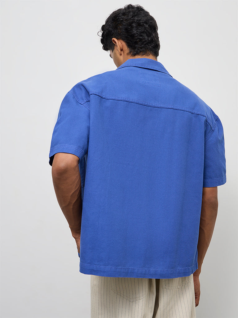 Nuon Blue Text-Detail Boxy-Fit Cotton Shirt