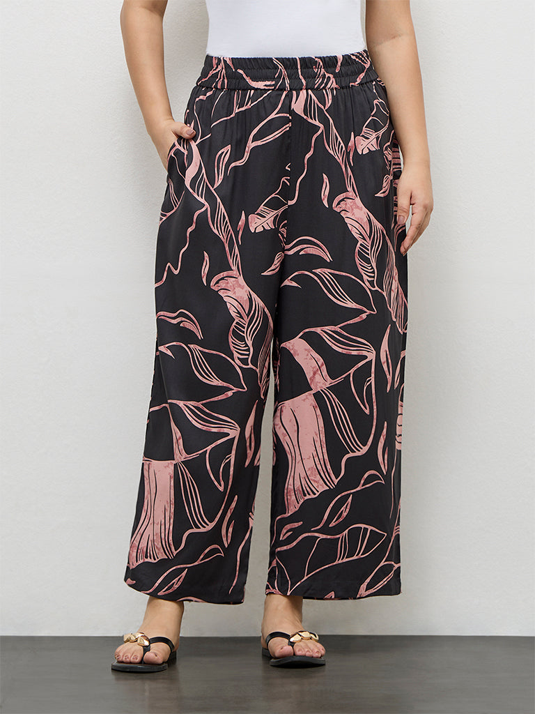 Diza Charcoal Leaf Pattern Palazzos