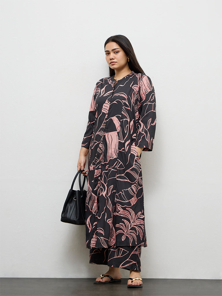 Diza Charcoal Leaf Pattern Palazzos