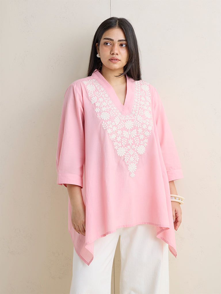 Diza Pink Floral Embroidered Cotton Tunic