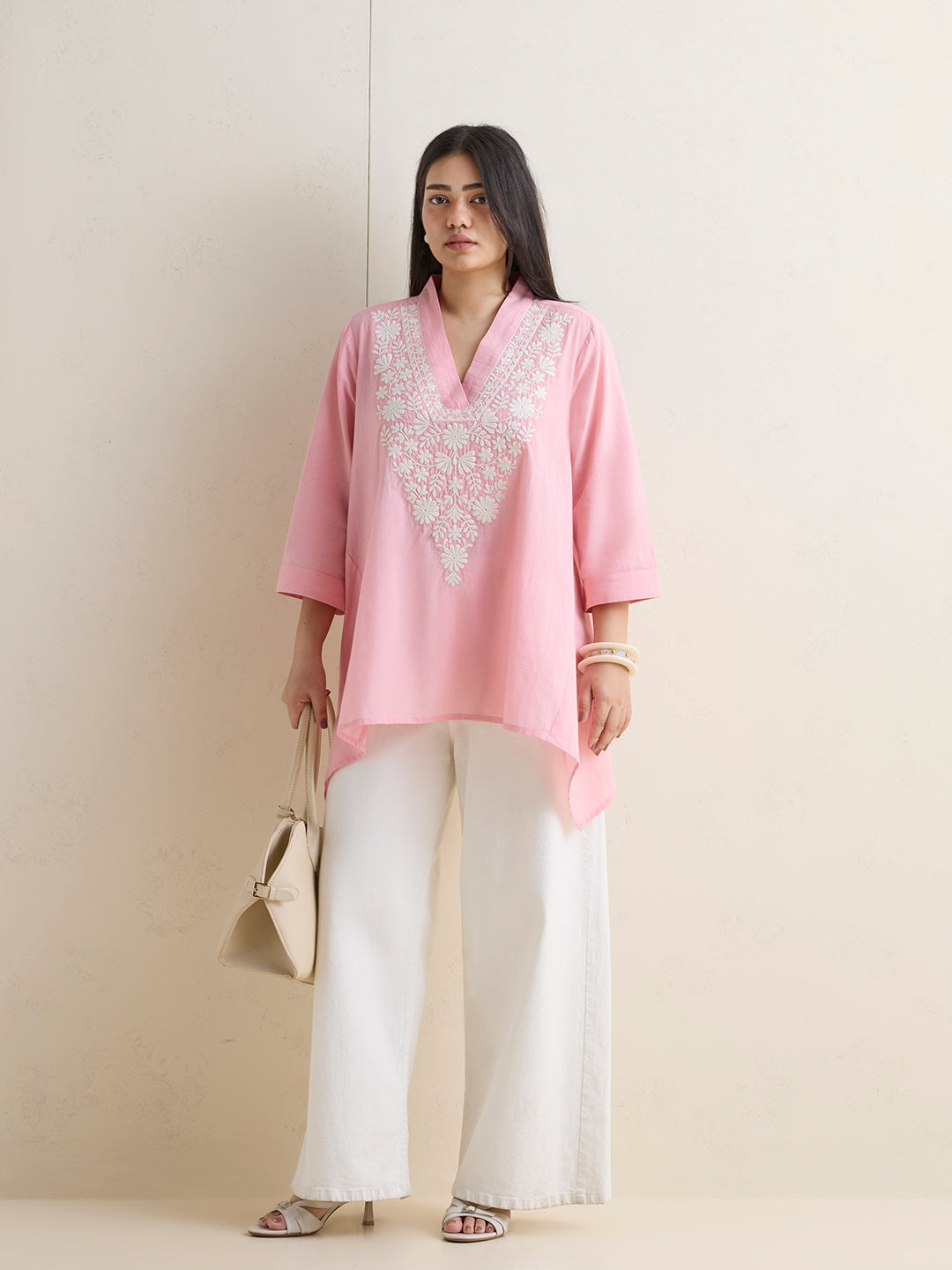 Diza Pink Floral Embroidered Cotton Tunic