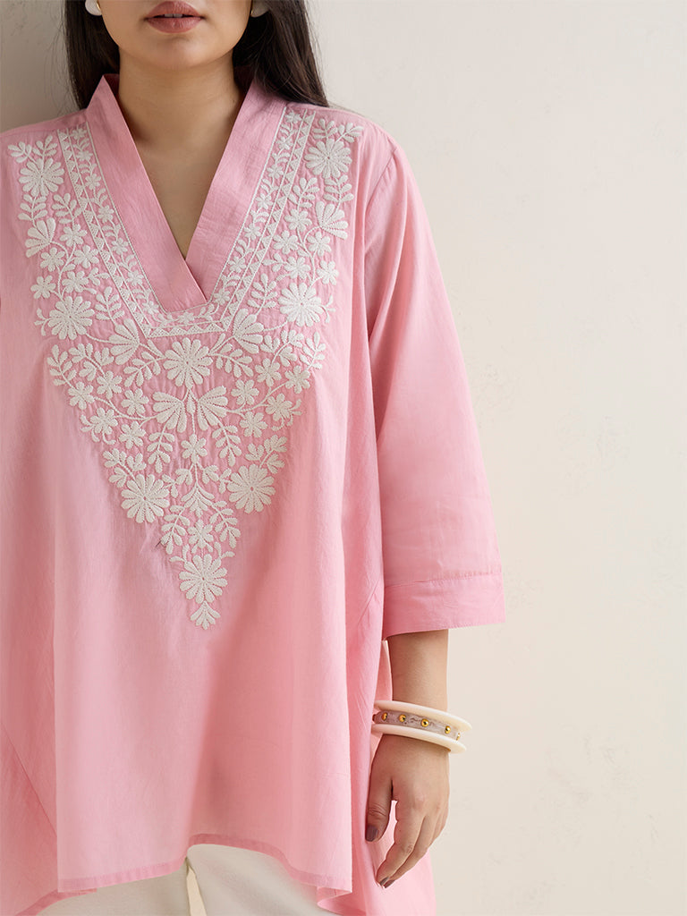 Diza Pink Floral Embroidered Cotton Tunic