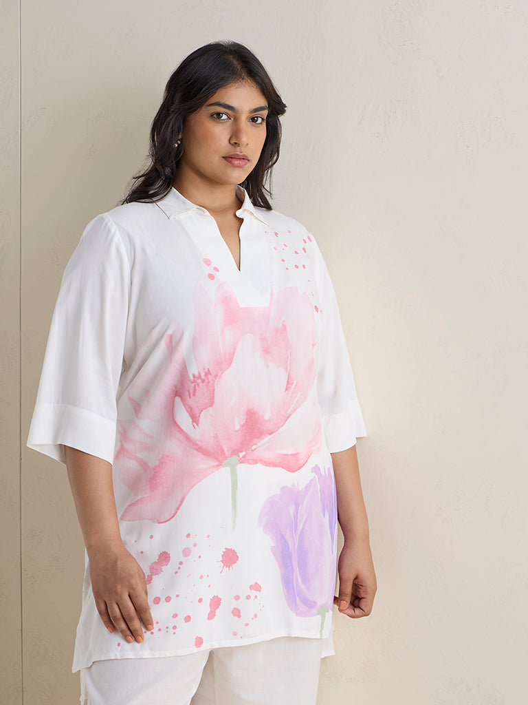 Diza White Floral Printed High-Low Tunic