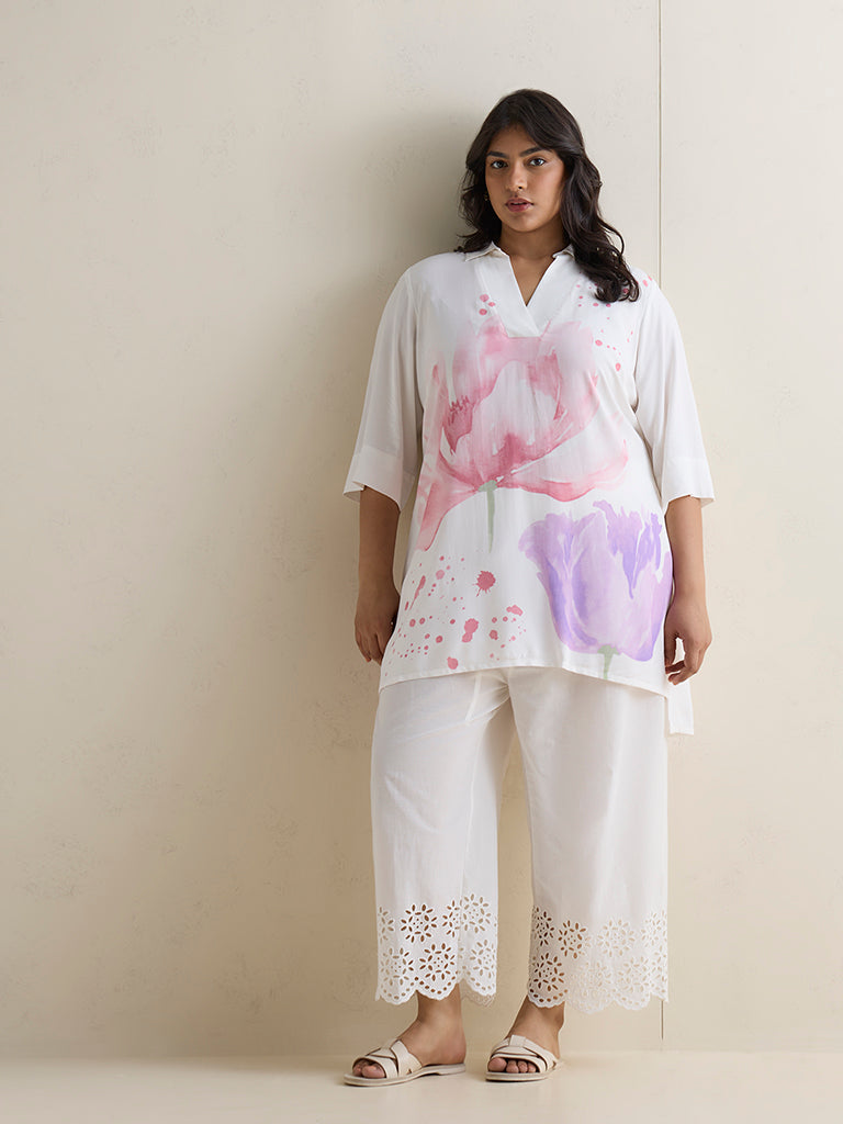 Diza White Floral Printed High-Low Tunic