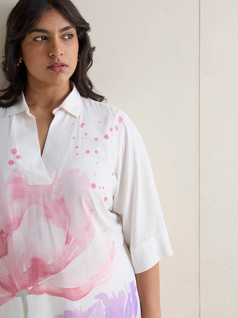 Diza White Floral Printed High-Low Tunic