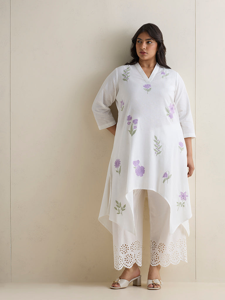 Diza White Floral Pattern Cotton-Blend A-Line Kurta