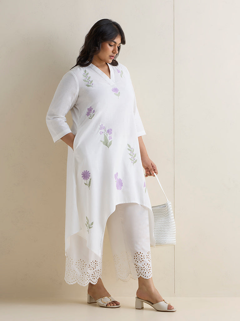 Diza White Floral Pattern Cotton-Blend A-Line Kurta