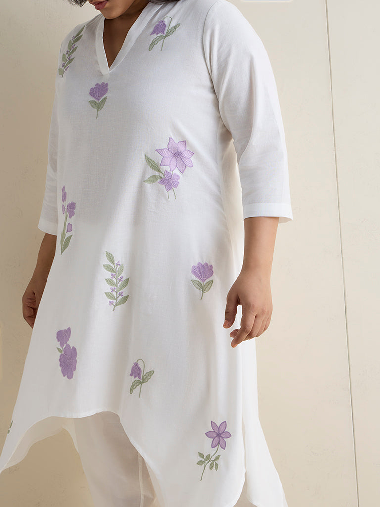 Diza White Floral Pattern Cotton-Blend A-Line Kurta