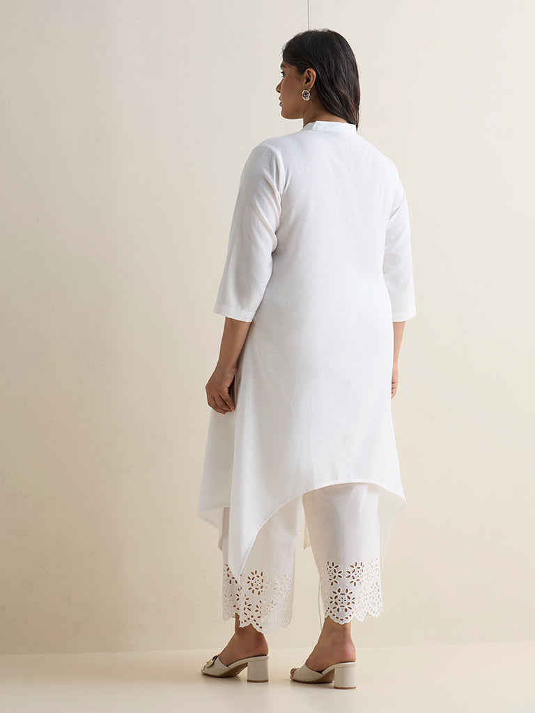 Diza White Floral Pattern Cotton-Blend A-Line Kurta