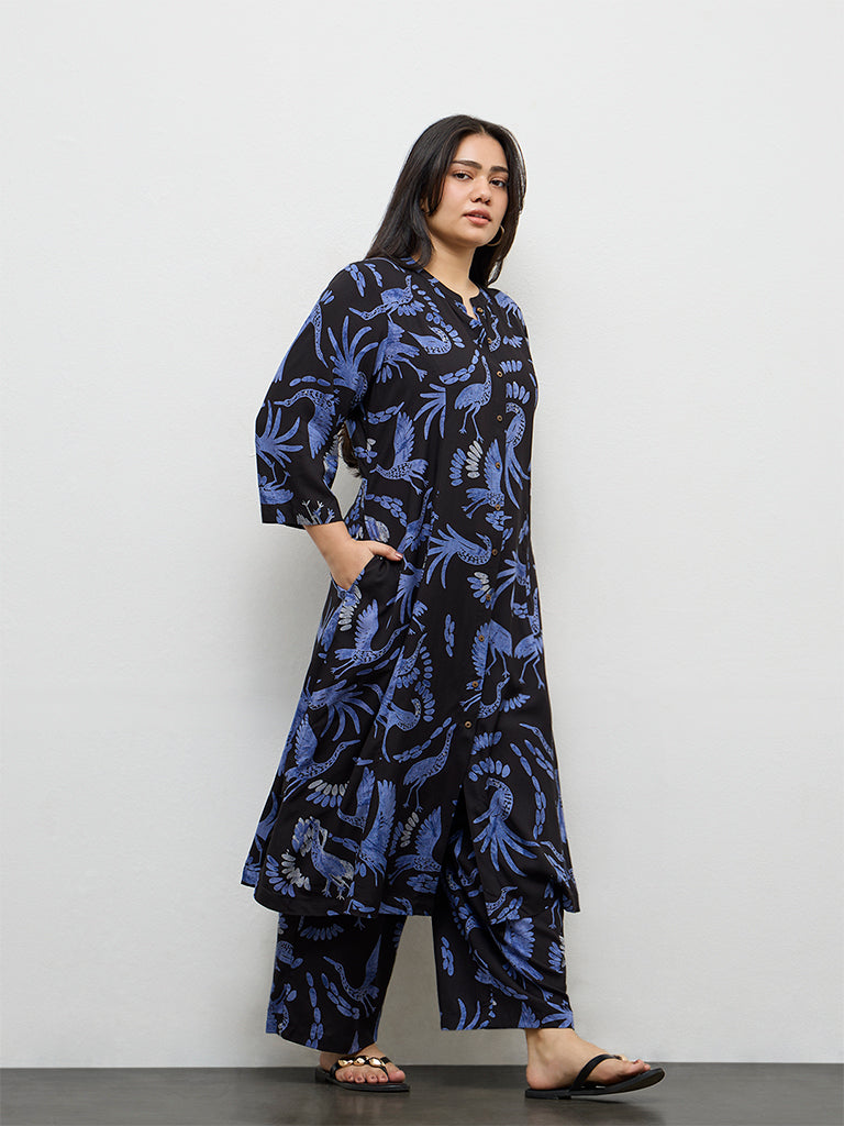 Diza Black Bird Pattern A-Line Kurta