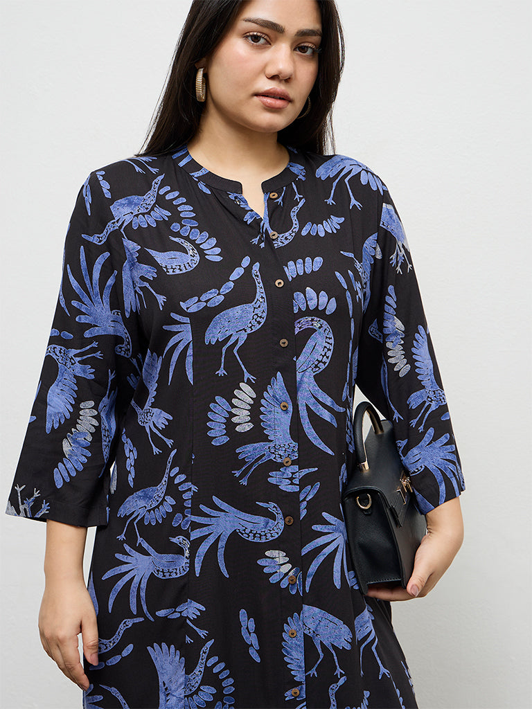 Diza Black Bird Pattern A-Line Kurta