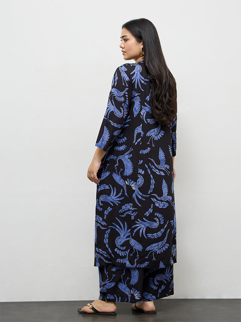 Diza Black Bird Pattern A-Line Kurta