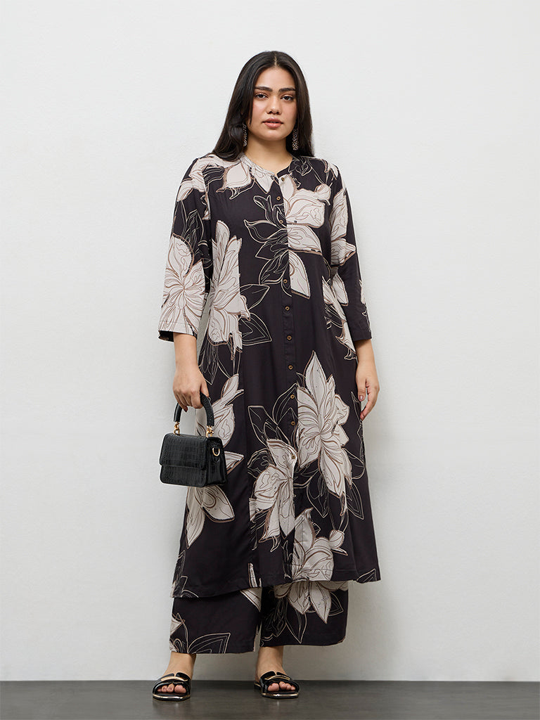 Diza Black Floral Printed A-Line Kurta