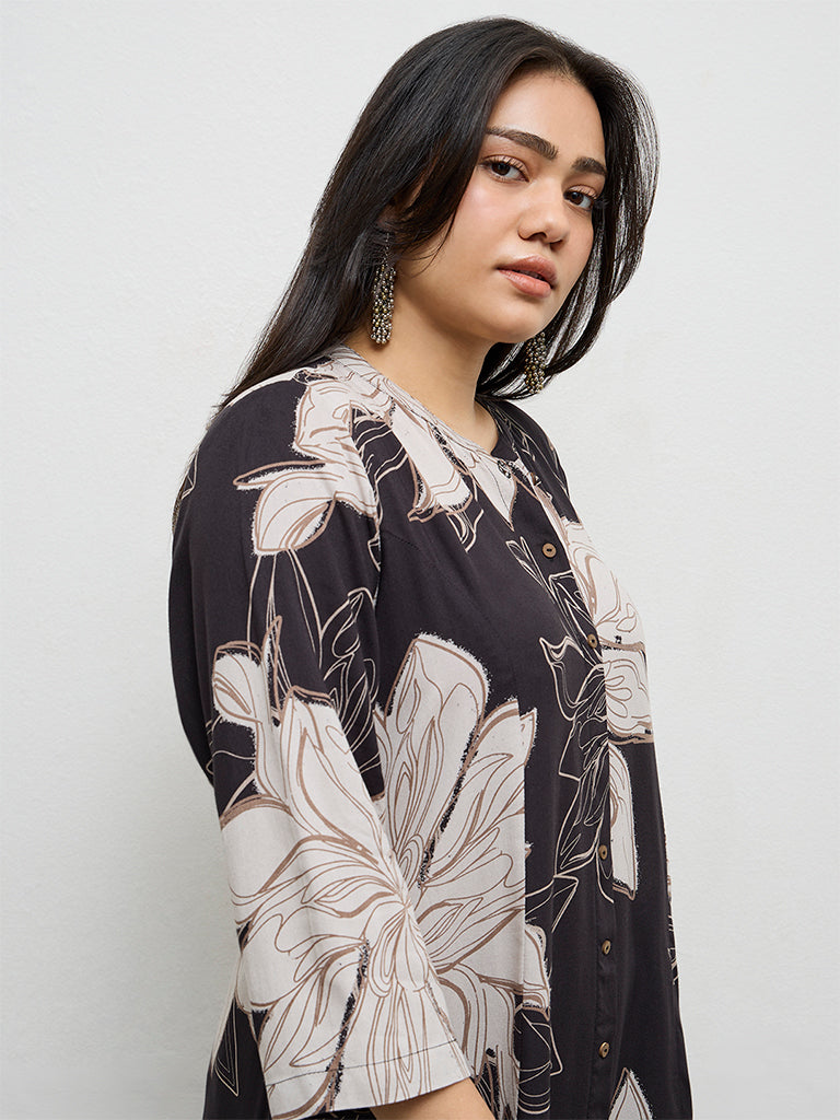Diza Black Floral Printed A-Line Kurta