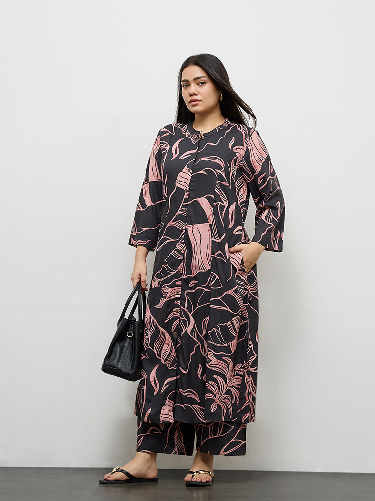 Diza Charcoal Leaf Pattern A-Line Kurta