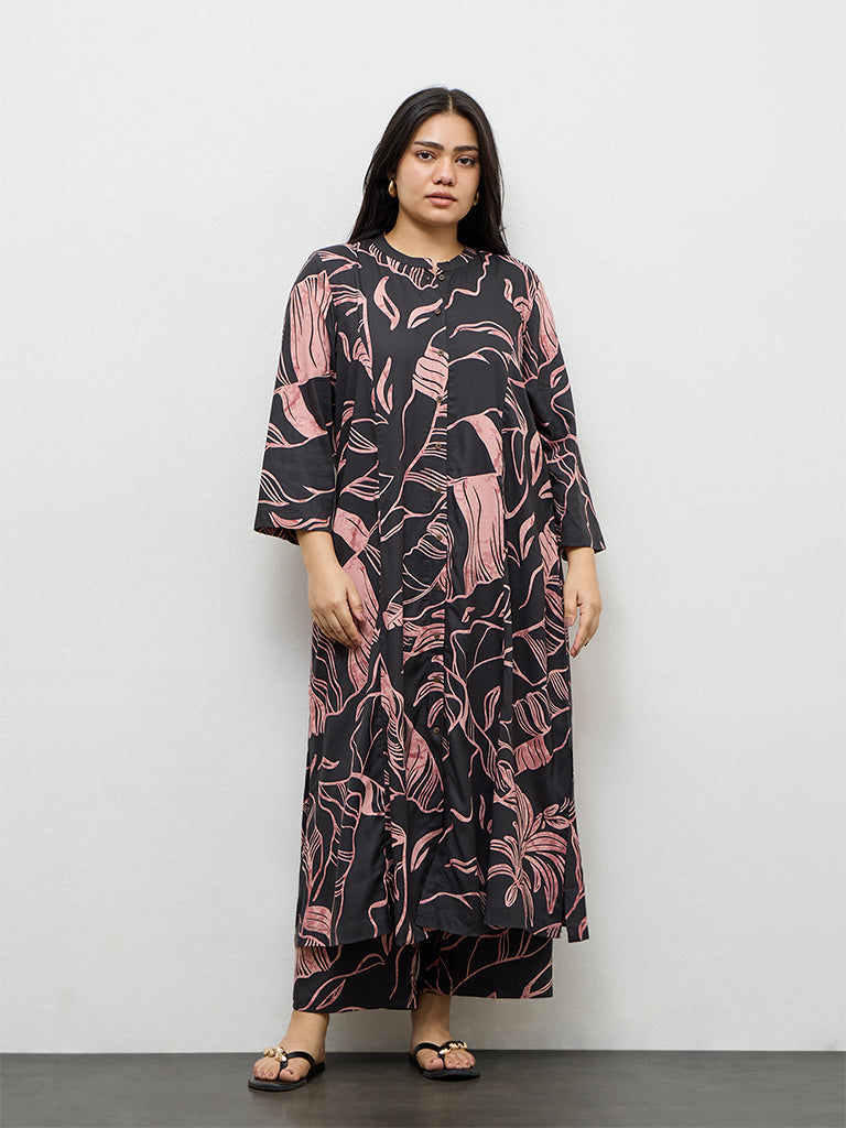 Diza Charcoal Leaf Pattern A-Line Kurta