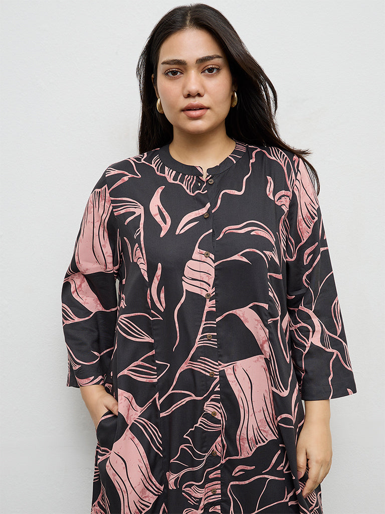 Diza Charcoal Leaf Pattern A-Line Kurta