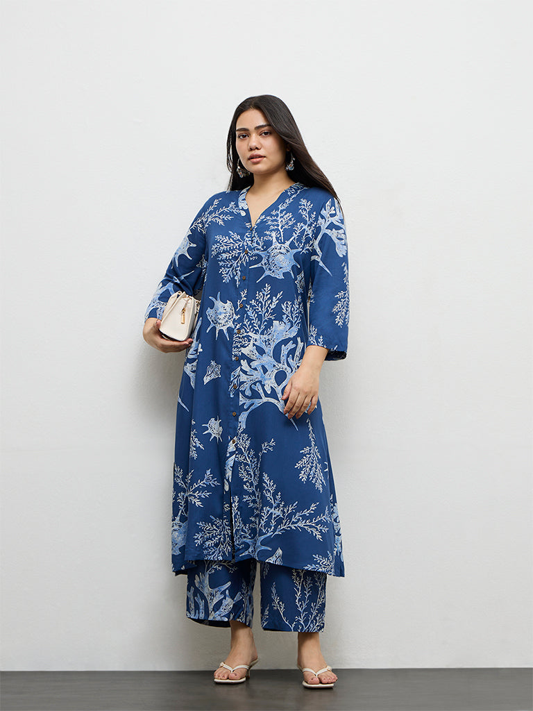 Diza Indigo Sealife Pattern A-Line Kurta