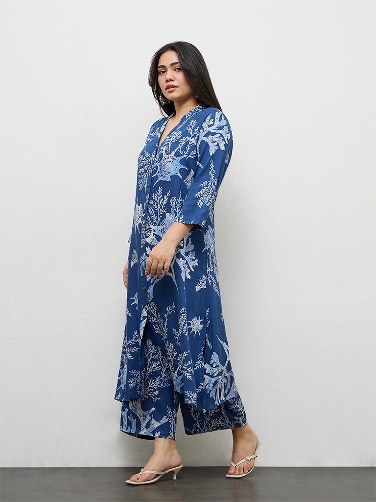 Diza Indigo Sealife Pattern A-Line Kurta