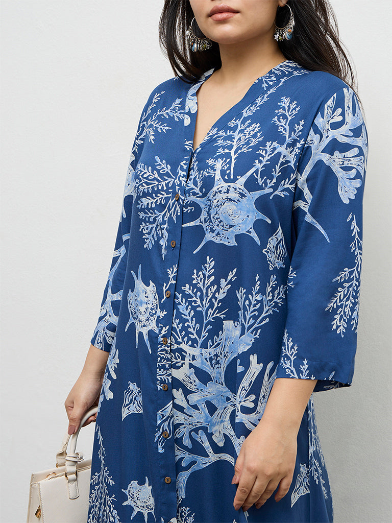 Diza Indigo Sealife Pattern A-Line Kurta