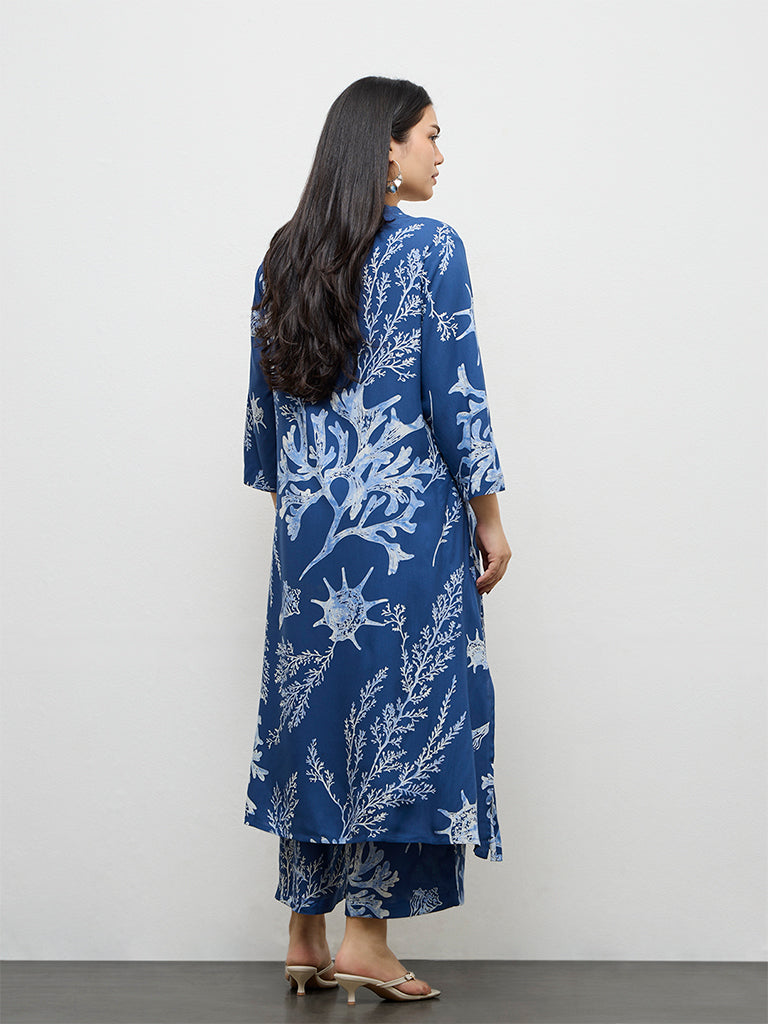 Diza Indigo Sealife Pattern A-Line Kurta