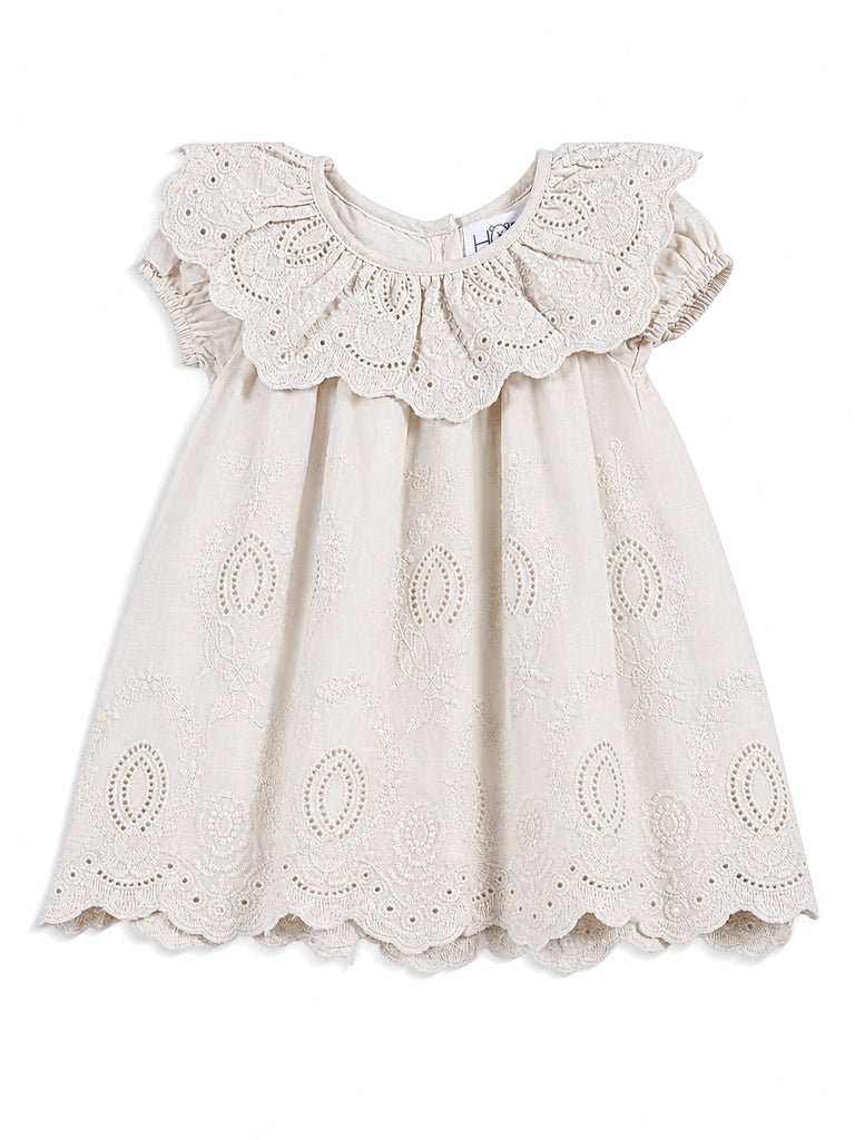HOP Baby Girls Beige Embroidered Cotton Dress