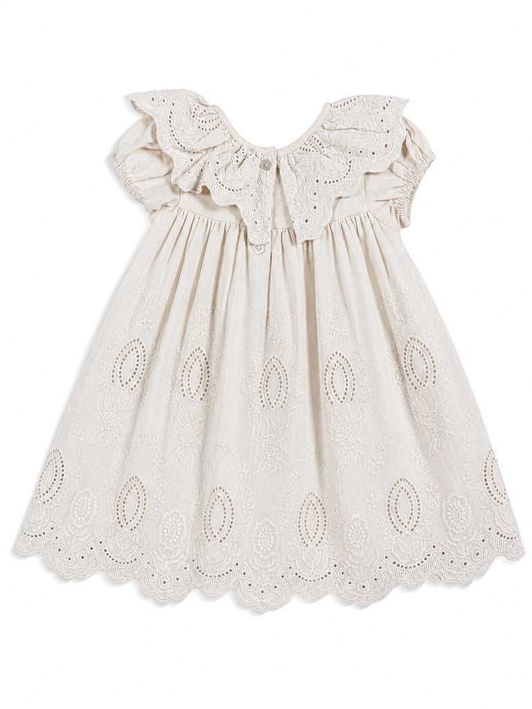HOP Baby Girls Beige Embroidered Cotton Dress