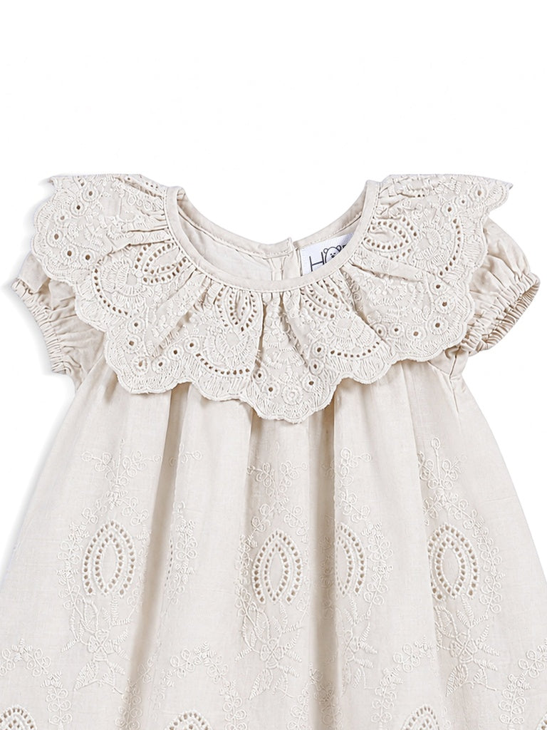 HOP Baby Girls Beige Embroidered Cotton Dress