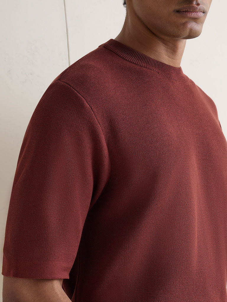 WES Formals Rust Knitted Slim-Fit T-Shirt