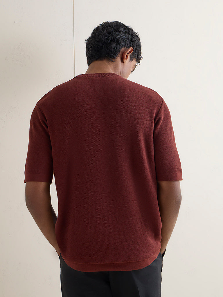 WES Formals Rust Knitted Slim-Fit T-Shirt