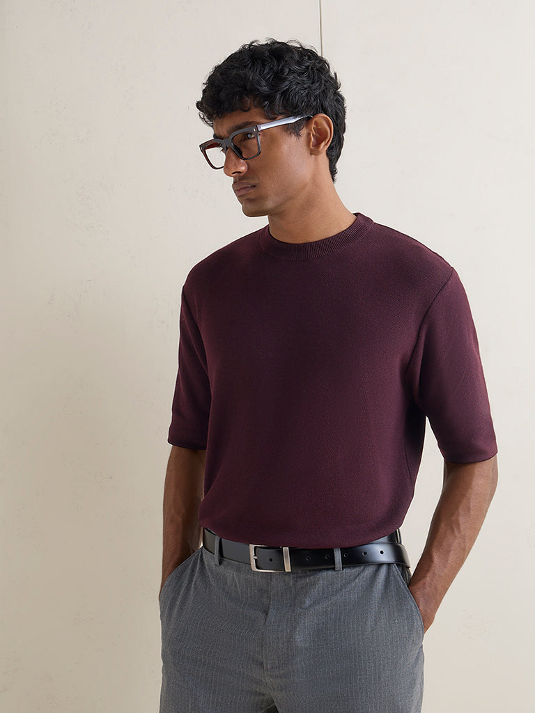 WES Formals Wine Knitted Slim-Fit T-Shirt