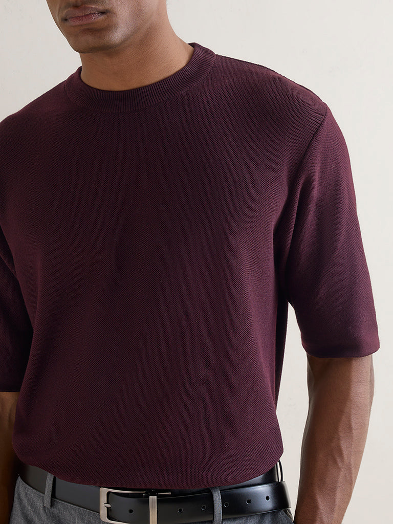 WES Formals Wine Knitted Slim-Fit T-Shirt