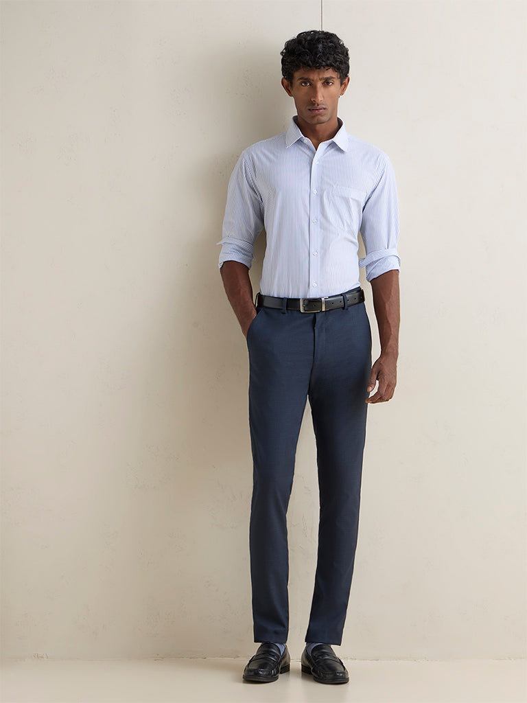 WES Formals Navy Striped Slim-Fit Cotton Shirt