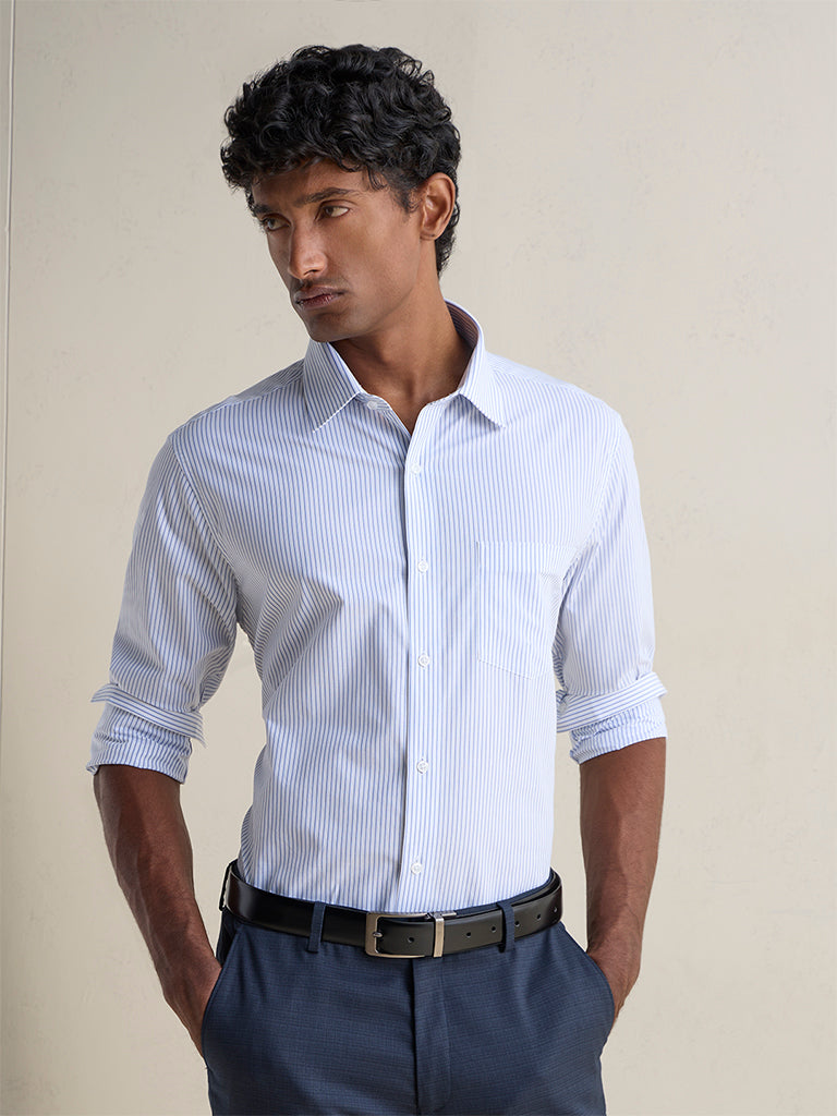 WES Formals Navy Striped Slim-Fit Cotton Shirt