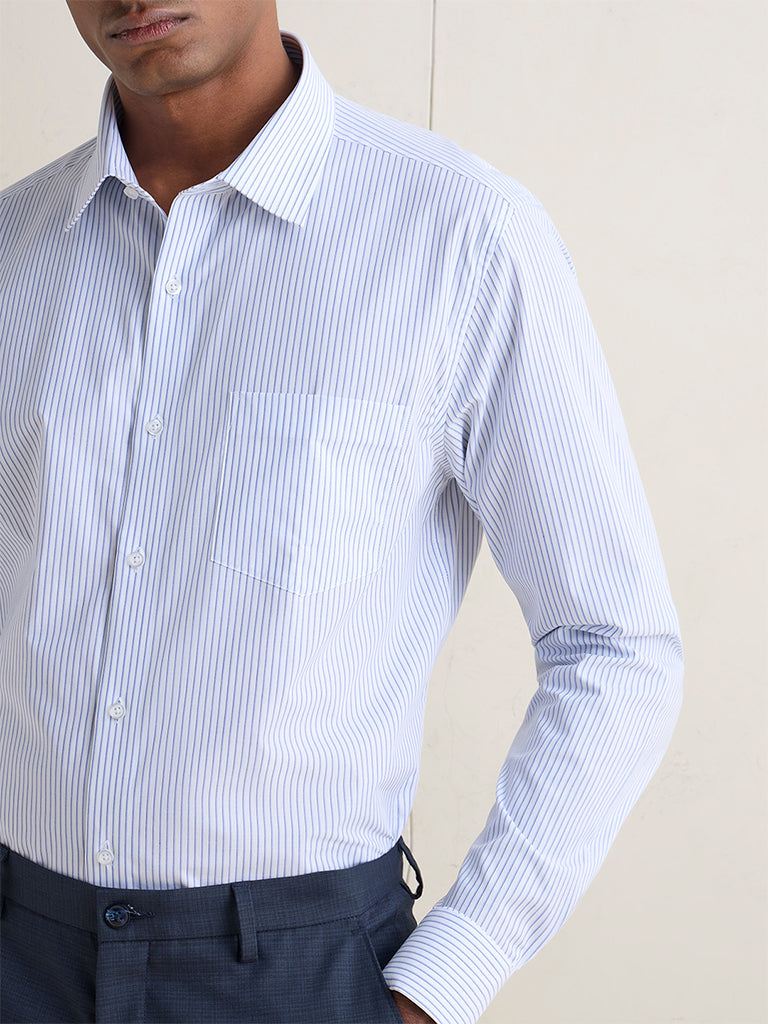 WES Formals Navy Striped Slim-Fit Cotton Shirt