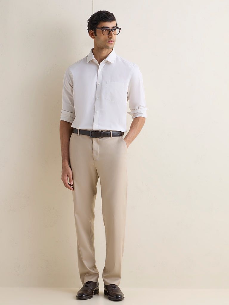 WES Formals Cream Solid Slim-Fit Cotton Shirt
