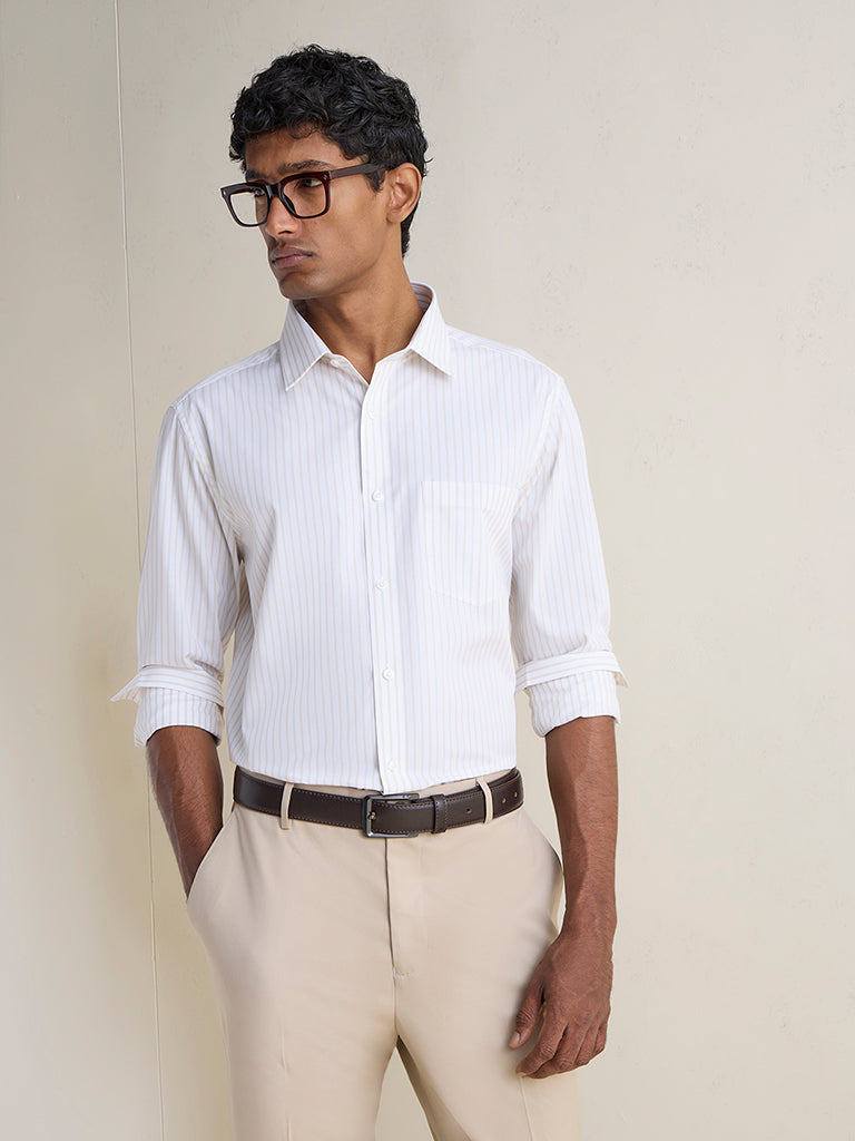 WES Formals Beige Striped Slim-Fit Cotton Shirt