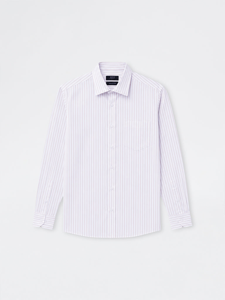 WES Formals Beige Striped Slim-Fit Cotton Shirt