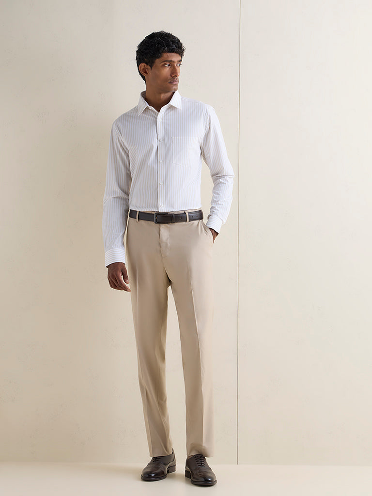 WES Formals Beige Striped Slim-Fit Cotton Shirt