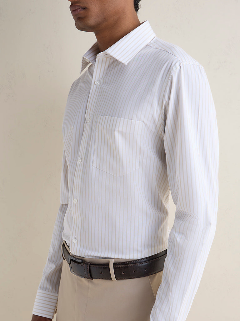 WES Formals Beige Striped Slim-Fit Cotton Shirt