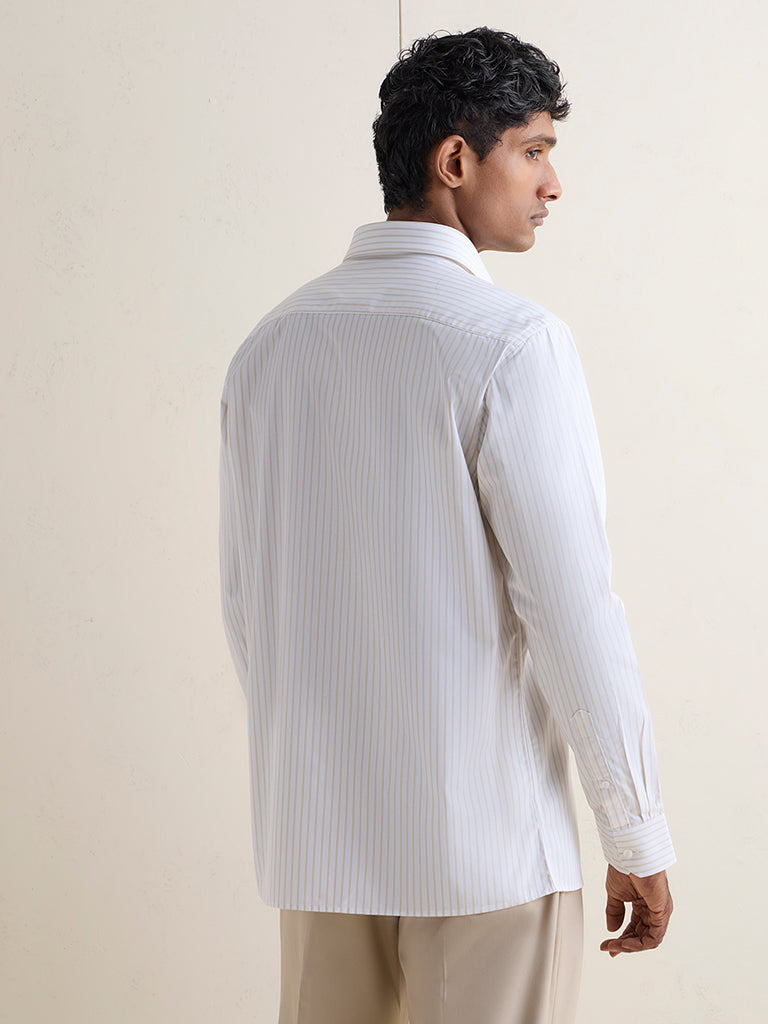 WES Formals Beige Striped Slim-Fit Cotton Shirt