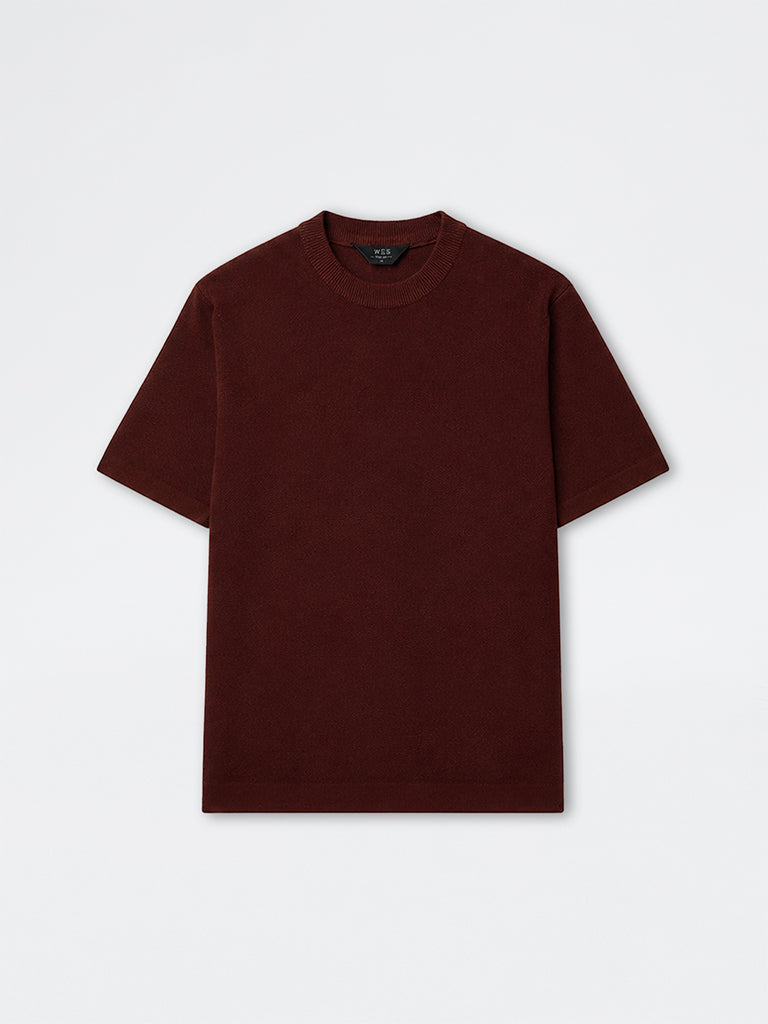 WES Formals Rust Knitted Slim-Fit T-Shirt