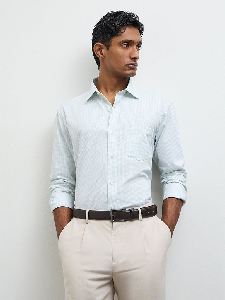 WES Formals Green Checkered Slim-Fit Cotton Shirt