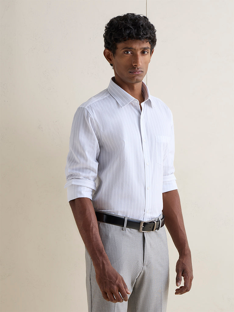 WES Formals Grey Striped Slim-Fit Cotton Shirt