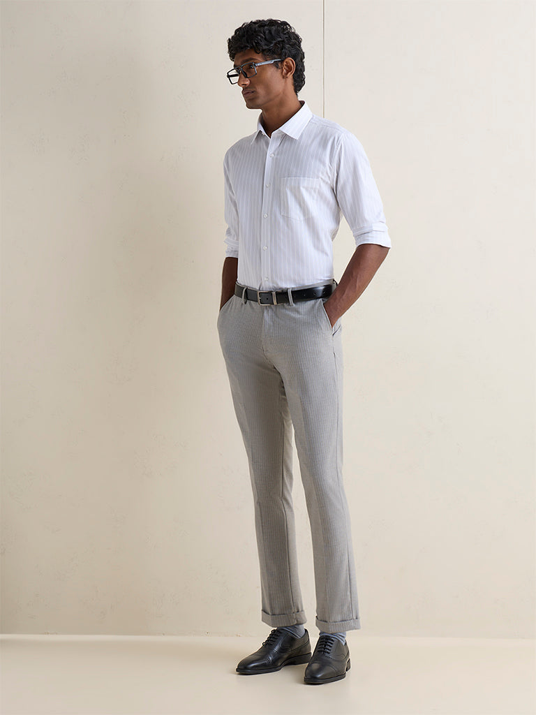 WES Formals Grey Striped Slim-Fit Cotton Shirt