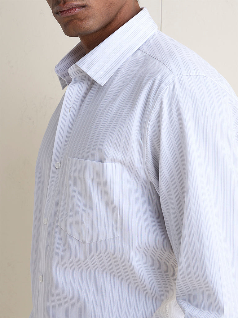 WES Formals Grey Striped Slim-Fit Cotton Shirt