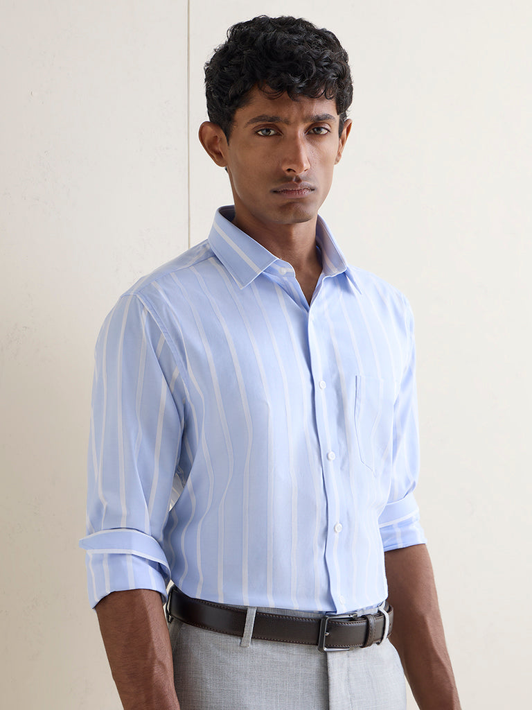 WES Formals Blue Striped Slim-Fit Cotton Shirt