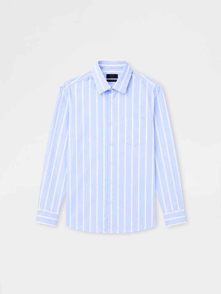 WES Formals Blue Striped Slim-Fit Cotton Shirt